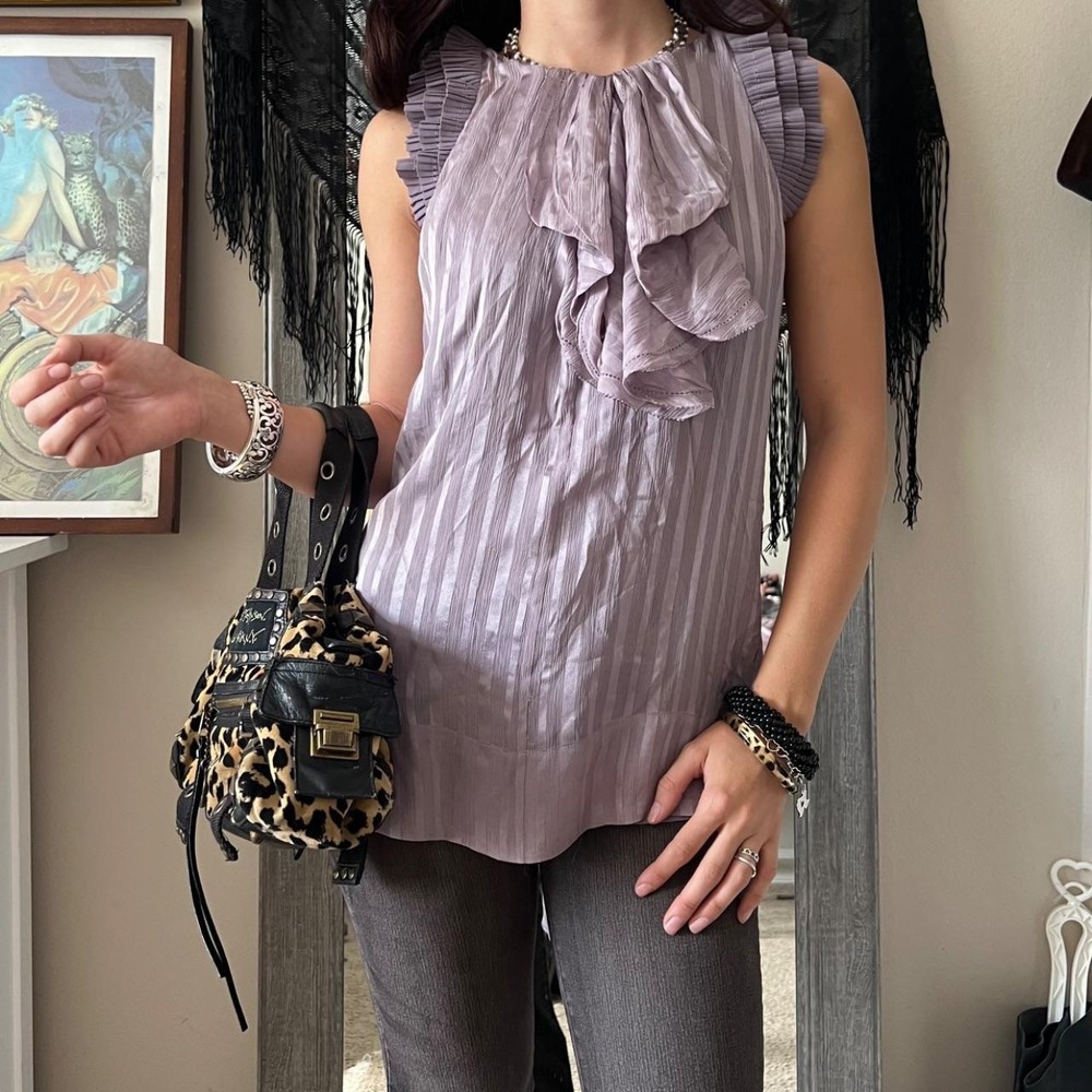 BCBG Maxazria Silk Ruffle High Neck Tank Top Dusty Purple Open Back Y2K XXS